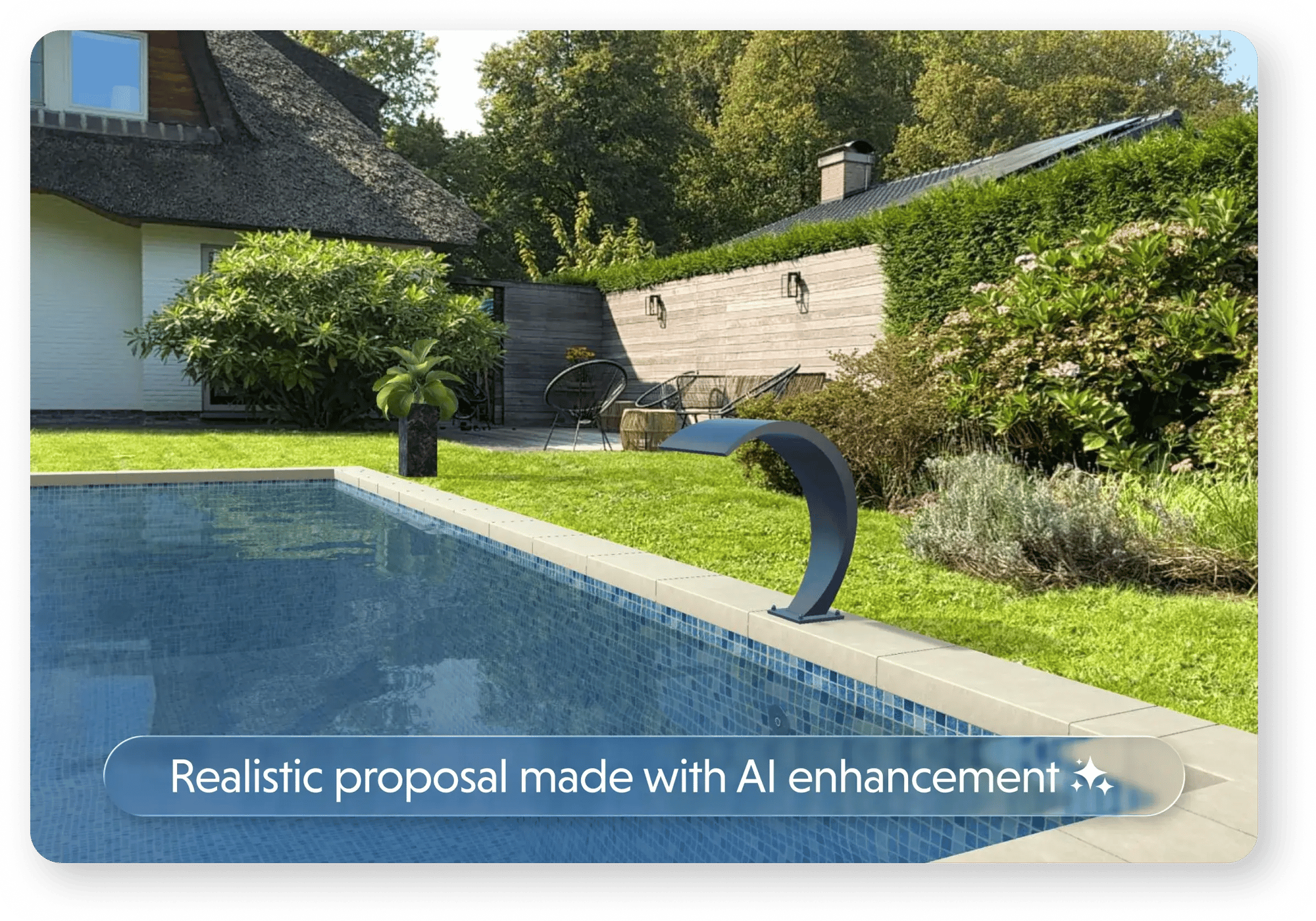 AI-enhanced visualization of a pool designed with the VirtualPools app, shown in a landscaped backyard with a modern water feature and garden seating area. AI-enhanced visualization of a pool designed with the VirtualPools app, shown in a landscaped backyard with a modern water feature and garden seating area.