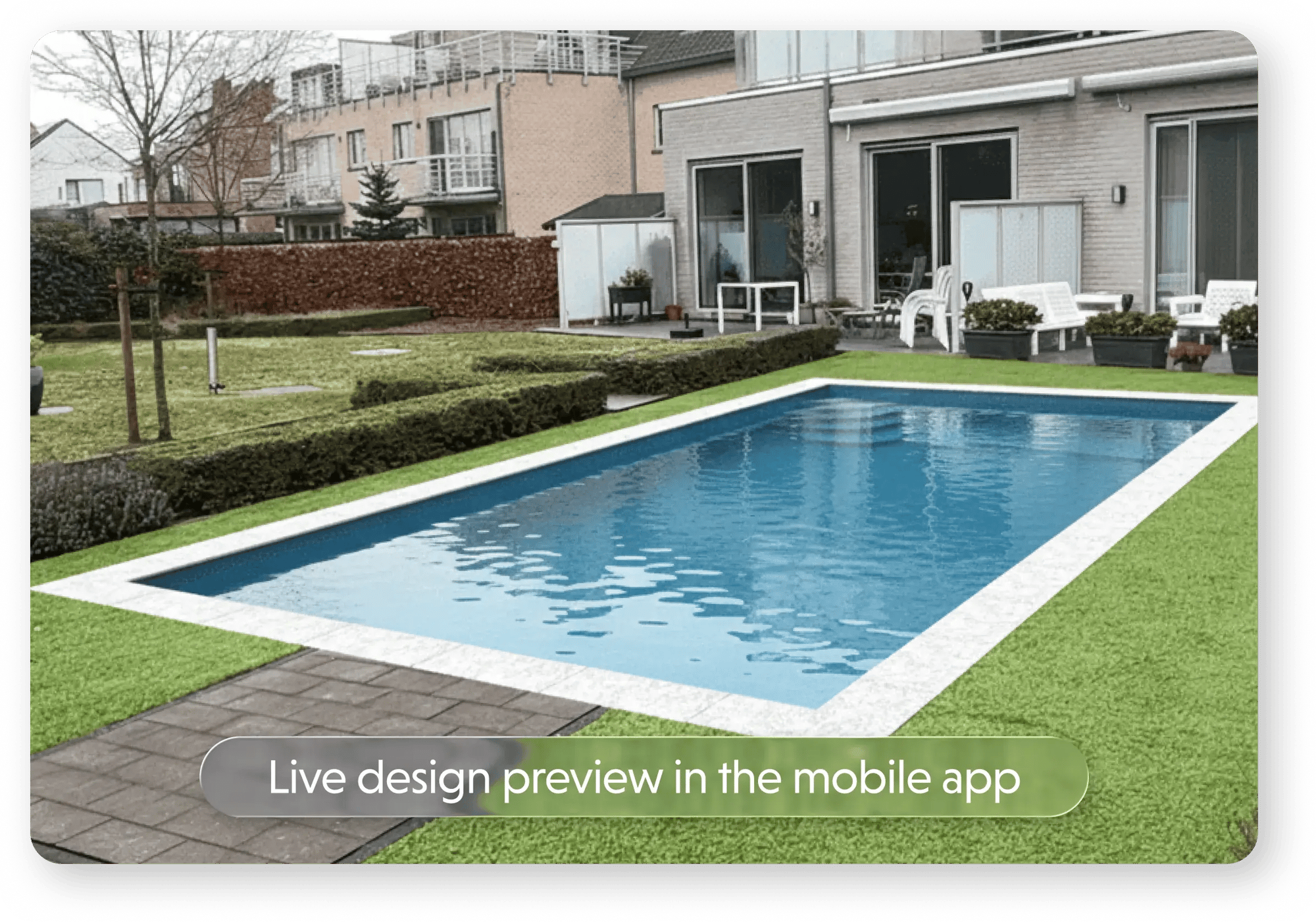 Augmented reality visualization of a pool designed with the VirtualPools app, shown in a modern backyard beside a contemporary home with patio seating. Augmented reality visualization of a pool designed with the VirtualPools app, shown in a modern backyard beside a contemporary home with patio seating.