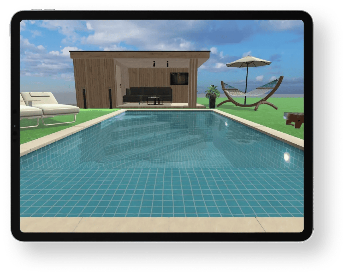 VirtualPools mobile app visualization of a modern backyard with a blue-tiled in-ground pool, wooden garden lounge, sun loungers, and a hammock on a grassy lawn. VirtualPools mobile app visualization of a modern backyard with a blue-tiled in-ground pool, wooden garden lounge, sun loungers, and a hammock on a grassy lawn.